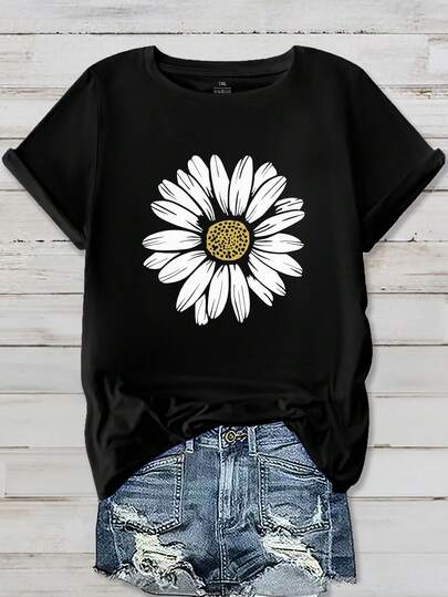 EMERY ROSE Plus Size Women's Floral Print Short Sleeve Casual T-Shirt, Women Round Neck Flower Pattern Top Graphic Tees Women Tops