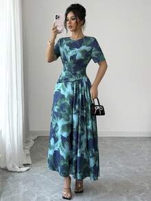 Elenzga Women's Summer Beach Vacation Floral Print Ruched Waist Dress - Green - View 3