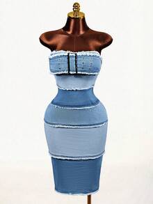 Mistrie Women's Denim Extra Long High Slit Dress - Blue - View 7