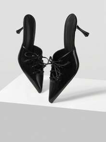 Mnmlis 女士尖头系带日常穿着高跟凉鞋 - 黑色 - 查看 5