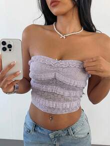 Aloruh Women's New Solid Color Elegant Romantic Lace Bow Ruffle Bust Ruched Bandeau Top,Summer Top - Lilac Purple - View 5