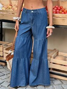 Selianne 女士休闲度假通勤款层叠下摆宽松阔腿牛仔裤，不含腰链 - 藍色 - 查看 3