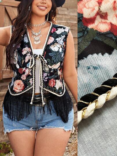 Ceyna Women's Bright Orange Floral Print Sleeveless V-Neck Hem Patchwork Tassel Jacket