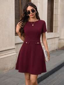 EMERY ROSE Đầm ngắn nữ thanh lịch màu trơn, thắt eo, thích hợp cho mùa hè. - Đỏ - Xem 9