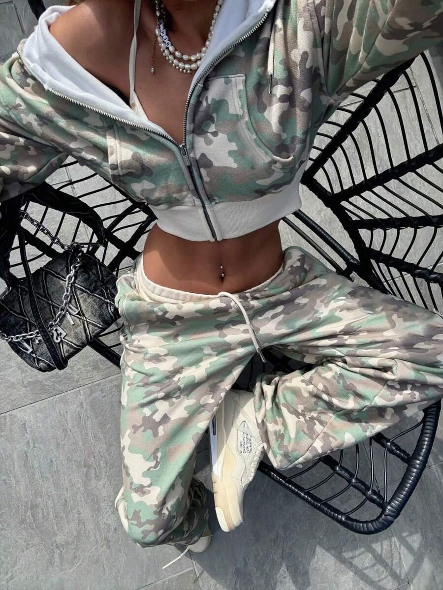 Rovax 2pcs Women Camouflage Print Hooded Zip-Up Long Sleeve Top And Pants Set - Multicolor - View 1