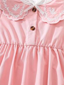 SHEIN Vintaside Kids 女婴白色短袖连体衣，领口、袖口和蝴蝶结装饰，可爱休闲夏季装扮 - 粉色 - 查看 6