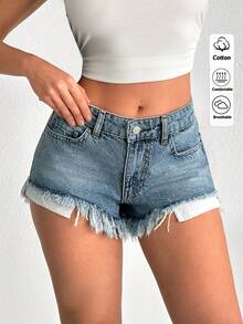SHEIN 100% Cotton Mid Waist Washed Denim Short - Light Wash - View 1