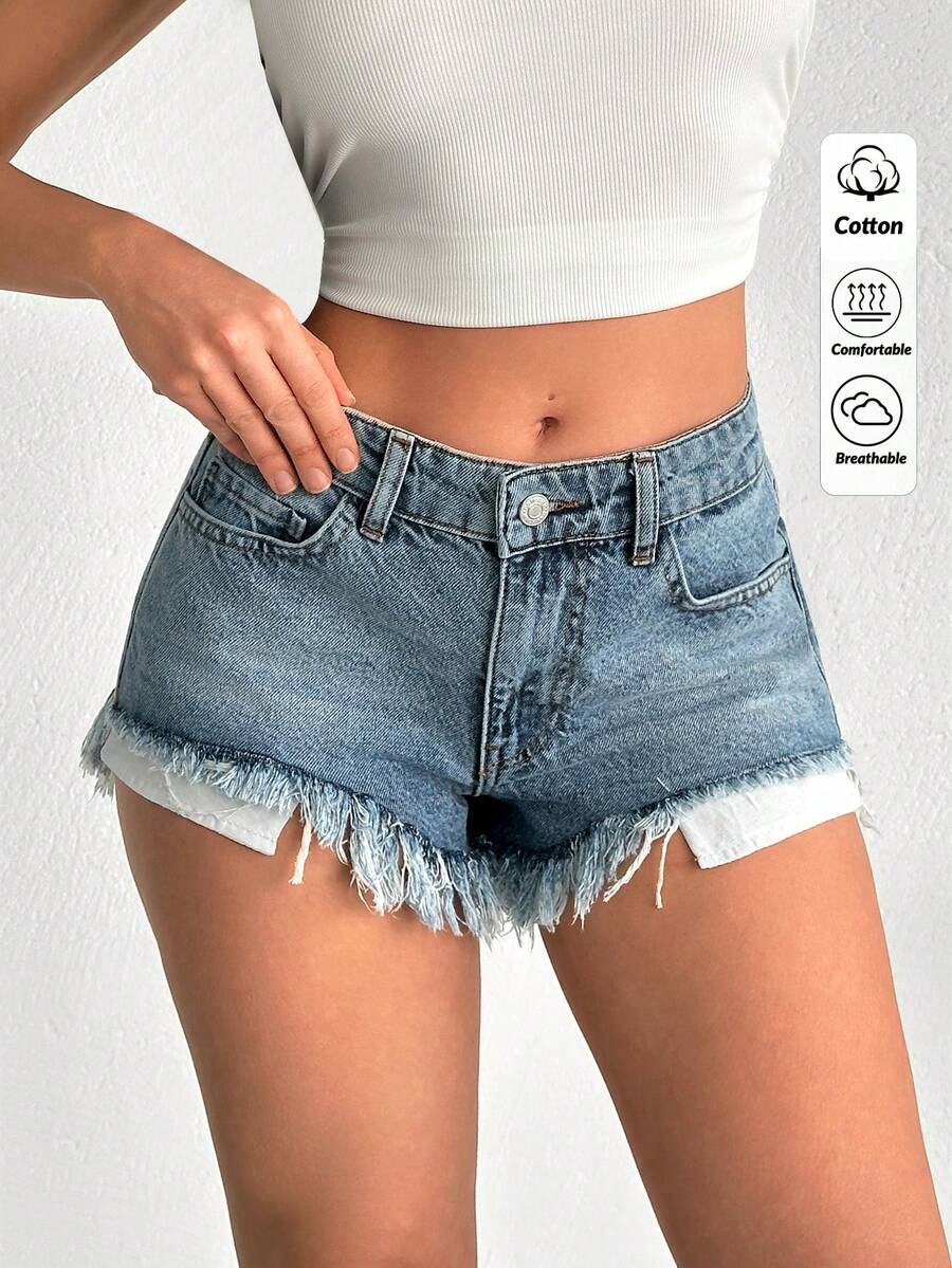 SHEIN 100% Cotton Mid Waist Washed Denim Short - Light Wash - View 1