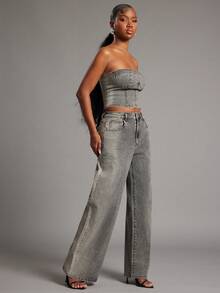 NYA SZN Manon 牛仔抹胸上衣修身紧身水钻亮片 Y2K 短款灰色节日约会之夜酷女孩宣言极致风女装 - 黑色 - 查看 6