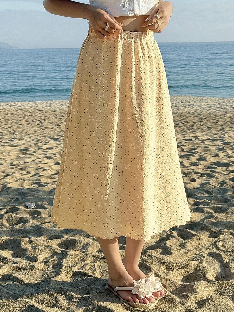 MainGRL 女士松紧腰镂空刺绣休闲裙 - 淡黃色 - 查看 1