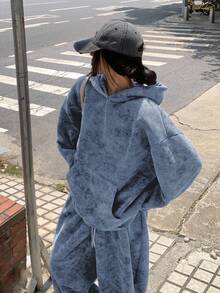 DAZY Set de 2 piezas: Sudadera con capucha casual de estilo coreano y pantalón de chándal holgado para mujer - Azul - Ver 6