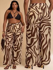 SHEIN BAE Quần dài nữ cỡ lớn màu xanh đính sequin thanh lịch, phong cách miền Tây, cao bồi, đồng quê, lễ Phục sinh, quần short, mùa hè, quần dài nữ, quần tây nữ, váy cỡ lớn, quần dài đi biển, quần ống rộng cạp thấp in họa tiết da báo mới dành cho nữ, quần áo đi biển phong cách boho cho nữ. - Nhiều màu - Xem 7