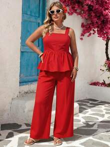 Vivid Eden Conjunto de 2 piezas talla grande: Camiseta de tirantes de tejido de unicolor y pantalones anchos de pierna ancha, adecuado para vacaciones de primavera/verano - Rojo - Ver 4