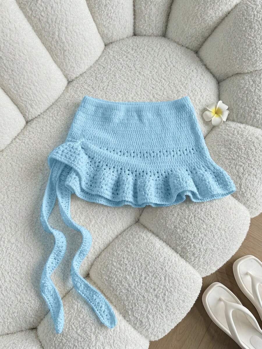 Elamini Women's Red Skirt, Fashionable Summer Beach Outfit, Low-Waist Hollow-Out Ruffled Mini Skirt, Versatile Sweet Vacation Style - Baby Blue - View 1