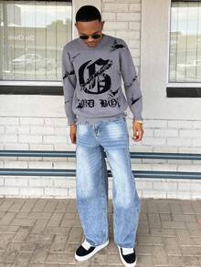 Ngobest Haus Ngobest Haus ANDREILEE 秋冬男女通用哥特街头风字母嵌花图案休闲宽松圆领插肩袖套头毛衣 - 灰色 - 查看 4