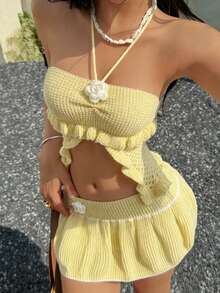 SHEIN Unity Women's Fashion Sexy Cute Versatile Multi-Color Halter Neck 3D Floral Hollow Knit Top & Puff Mini Skirt 2-Piece Set, Spring/Summer - Yellow - View 1
