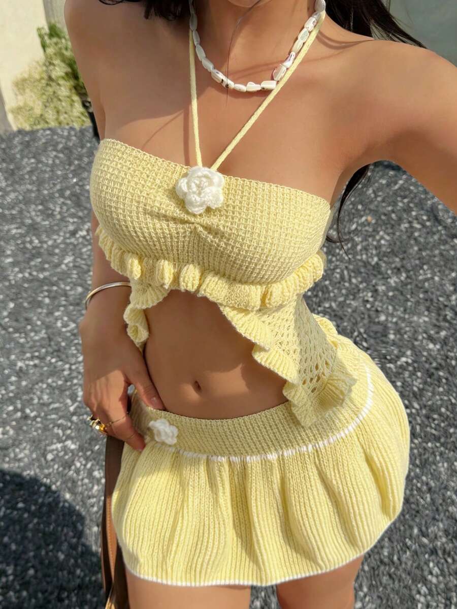SHEIN Unity Women's Fashion Sexy Cute Versatile Multi-Color Halter Neck 3D Floral Hollow Knit Top & Puff Mini Skirt 2-Piece Set, Spring/Summer - Yellow - View 1
