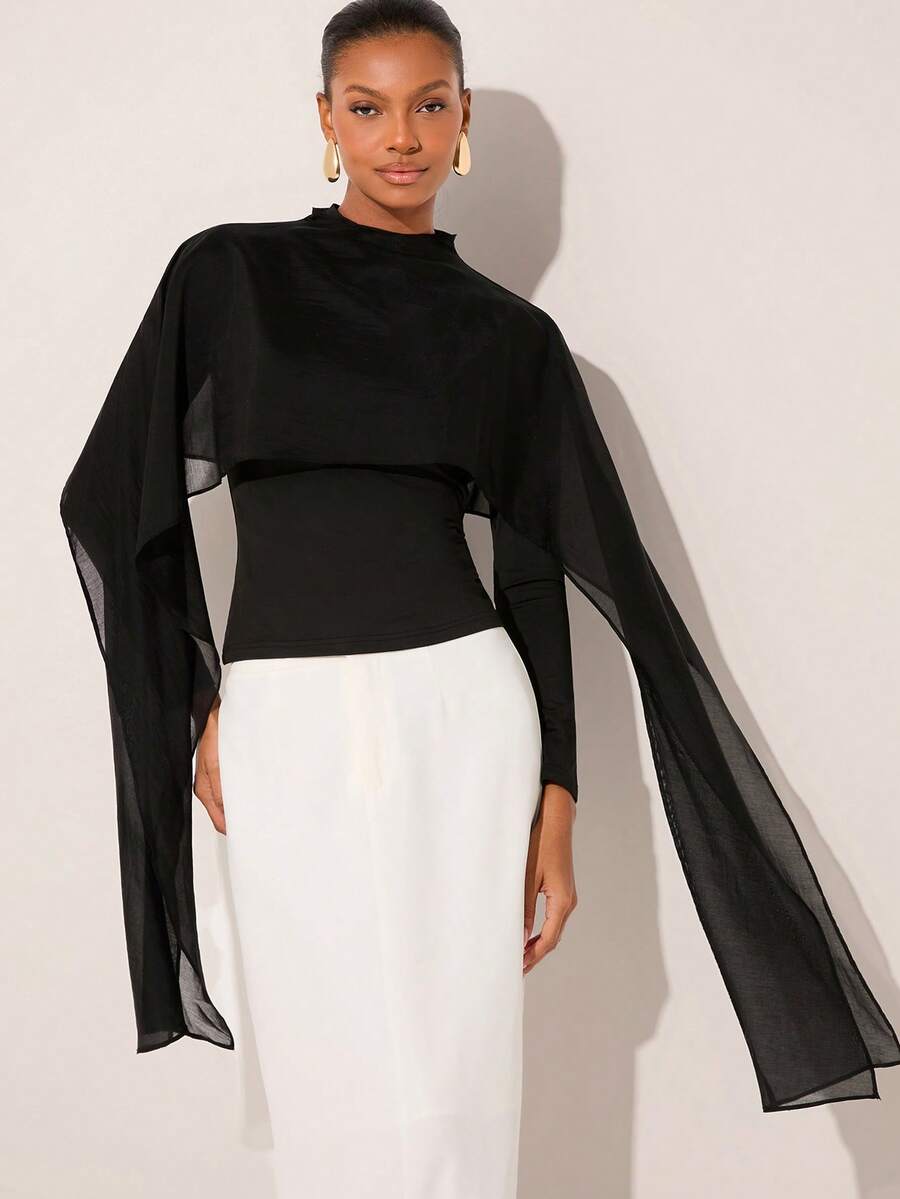 Lilora 女士优雅通勤二合一披肩T恤 - 黑色 - 查看 1