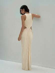 Aloruh Women's Spring/Summer Braided Apricot Sleeveless Hollow-Out Straight Dress - Apricot - View 2