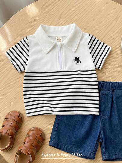 Cozy Pixies Polo de manga corta con estampado de caballos de dibujos animados para bebé niño, versátil y cómodo