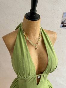 Soleia 女士波点V领镂空腰A字迷你连衣裙，适合派对、圣诞节、约会、夜店、波西米亚风、度假、秋季、复古、情人节等场合。 - 綠色 - 查看 3