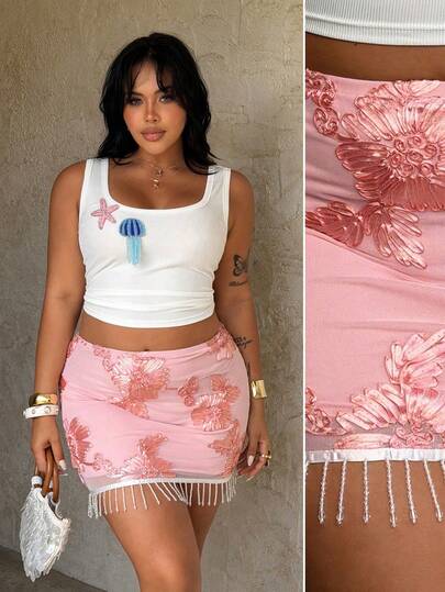 Rustia Plus Size Women Elegant Jacquard Tassel Skirt, Suitable For Vacation