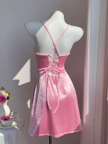 Comfortcana 2026 Spring/Summer New Women's Pink Satin Fabric Splicing Lace Strap Dress,Winter,Easter,Party ,Beach,Wedding,Graduation,Elegant,Casual,Vacation,Sports, Formal,Y2k,Business,Sequin,Fringe,Ruffle,Flower,Graphic, Promdress Satin Dress For Wedding Prom Dress Silk Birthday Dresses For Ladies Special Occasion Prom Night Gown,Pink Dress - Pink - View 2