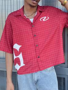 Ngobest Haus Ngobest Haus 男士字母格纹宽松短袖梭织红色衬衫，街头风 - 彩色 - 查看 3