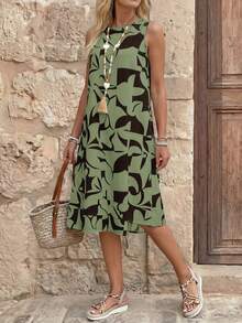 EMERY ROSE 休闲印花无袖圆领A字连衣裙，夏季 - 軍綠色 - 查看 4