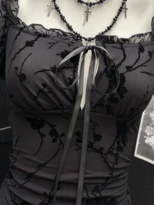 EgrlEra 女士性感紧身迷你连衣裙，系带腰身设计，植绒面料 - 黑色 - 查看 6