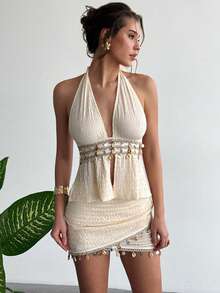 Aloruh 女士休闲优雅度假提花两件套，沙滩装，音乐会套装，贝壳边露背上衣和迷你裙。绝美海岛装扮 - 杏色 - 查看 5