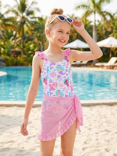 Sparklyn Tween Girl Cartoon Print One-Piece Swimsuit With Skirt, Suitable For Swimming, Vacation, Summer Beach Pink Swimsuit Kid Flower Pink And Blue Kids Bathing Suit Girls One Piece Summer Outfit Mermaid Swim Suit For Girl Girls Floral Swim Suit Bikini Pink