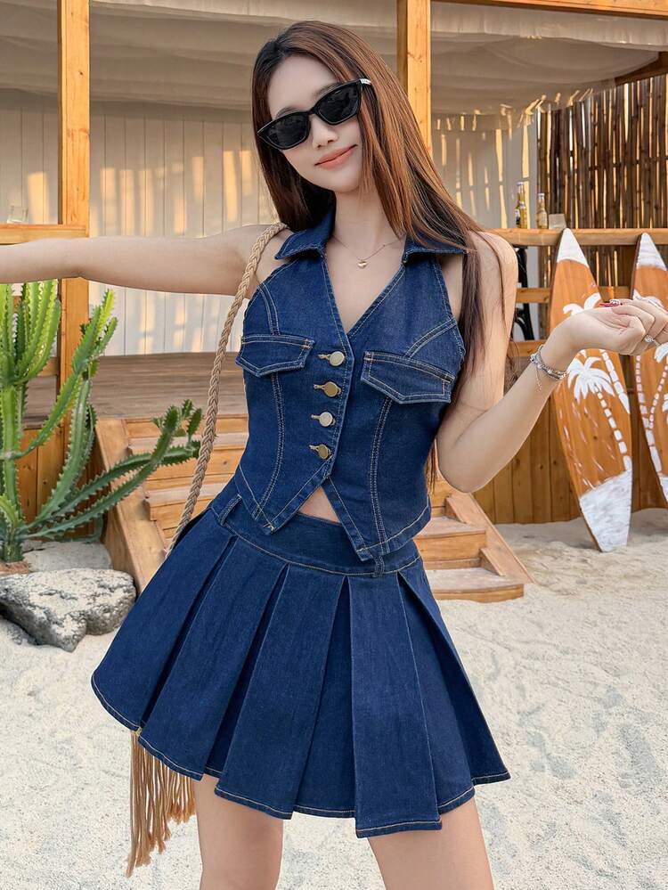 Women's Denim Shirt With Collar & Loose Denim Skirt, Korean Style Casual Set