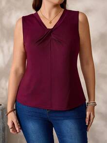 EMERY ROSE 女士加大码扭结针织无袖圆领宽松直筒休闲背心，舒适时尚，适合日常、居家、度假、工作等各种场合，百搭实用。 - 酒紅色 - 查看 3