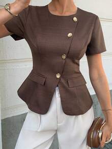 Elyressa 女士法式梭织休闲夏季衬衫 - 棕色 - 查看 1