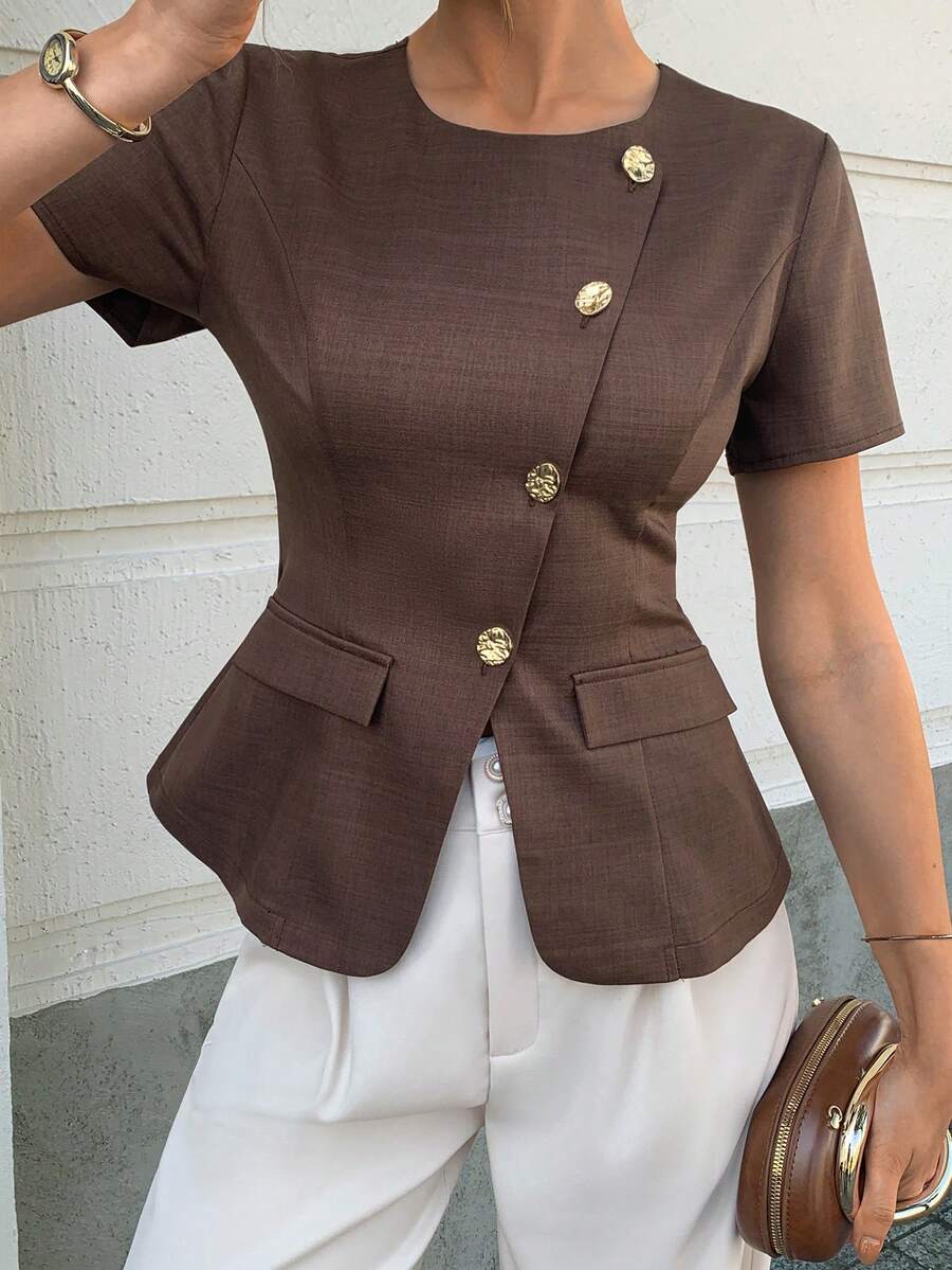 Elyressa 女士法式梭织休闲夏季衬衫 - 棕色 - 查看 1