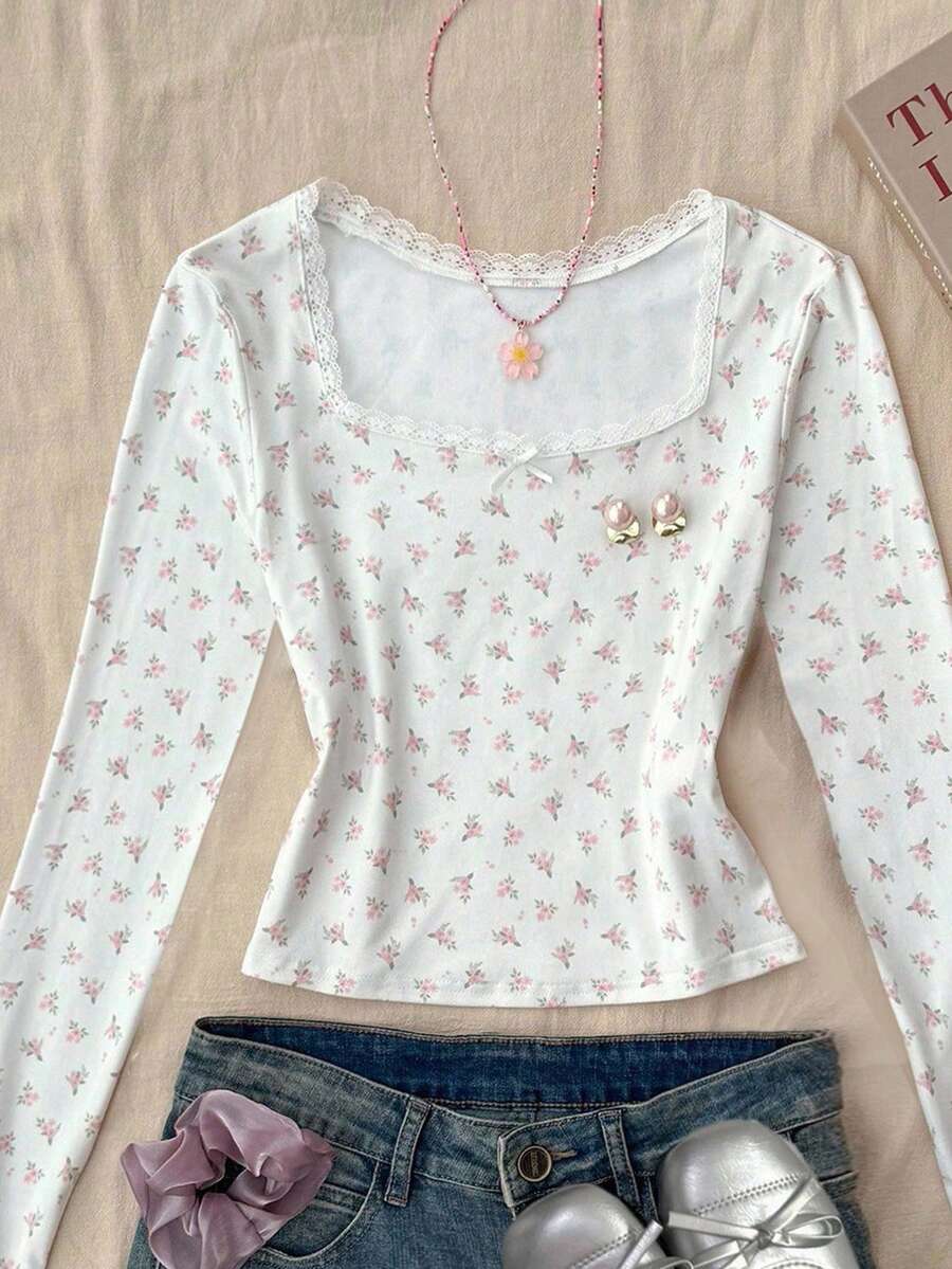 少女紧身蕾丝蝴蝶结长袖T恤，秋冬季舒适穿着，适合派对、街头、返校 - 彩色 - 查看 1