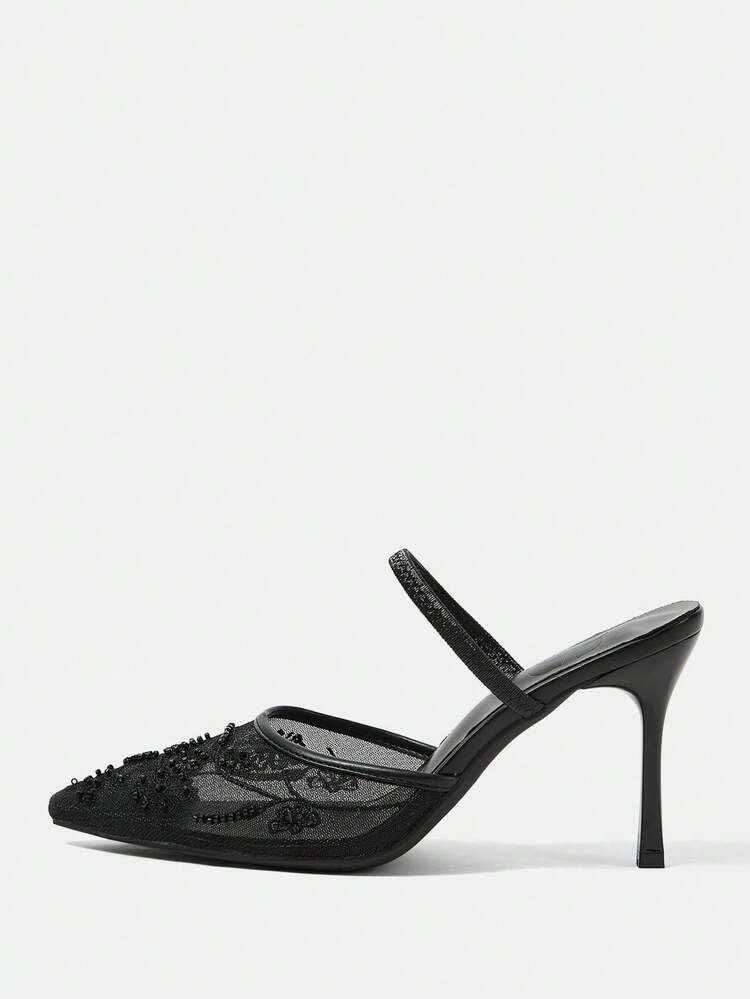 CUCCOO HITCHD Women Fashion Elegant Commuter Mesh Embroidery Embroidery Beads Pointed Stiletto High Heel Shoes Pumps