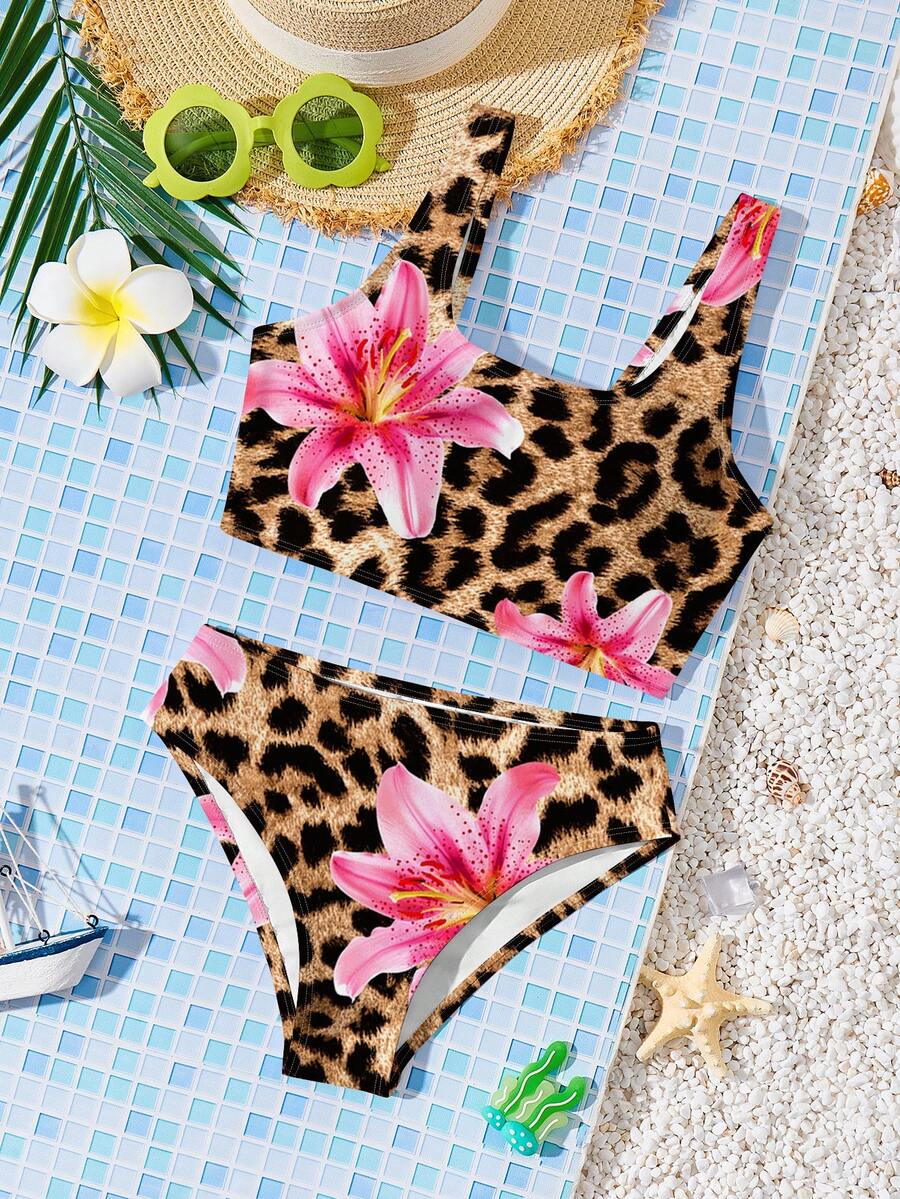 Tween Girls Cute Chocolate Brown Leopard & Lily Floral Print Two Pieces Bikini Swimwear Set,Summer Beach Holiday Camisole & Triangle Bathing Suit - Multicolor - View 1