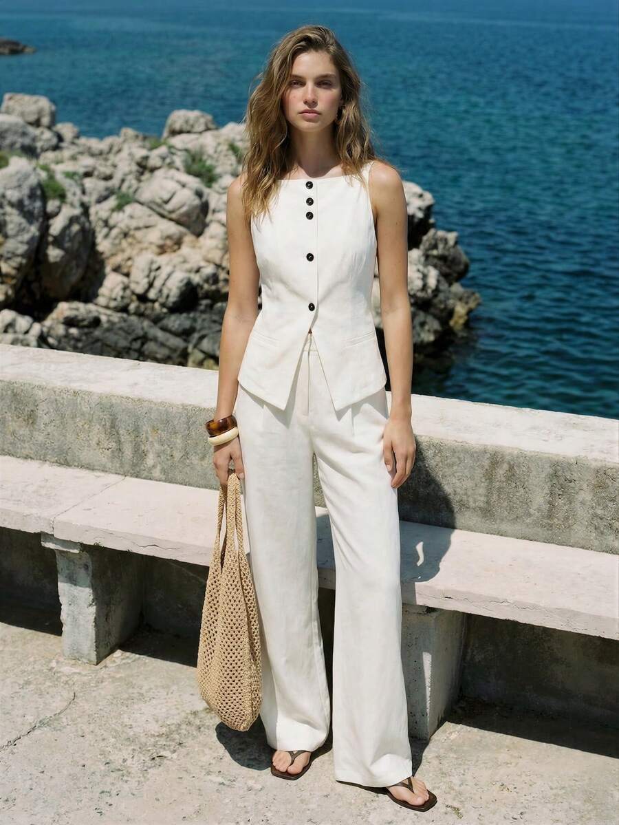 Lumivelle Women's Casual Solid Color Camisole Top With Waist Cinching + High Waist Wide Leg Solid Color Pants, Spring/Summer - White - View 1