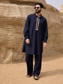 DAZY Men's Navy Blue Shirt And Pants Set, Suitable For Spring And Autumn Vacation - Navy Blue - View 2