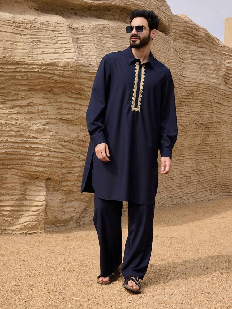 Men's Navy Blue Shirt And Pants Set, Suitable For Spring And Autumn
