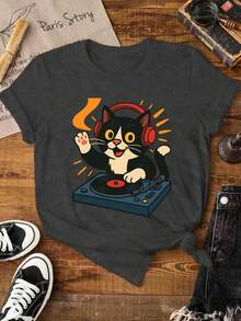 EMERY ROSE 女士圆领短袖T恤，印有音乐猫图案 - 深灰色 - 查看 3