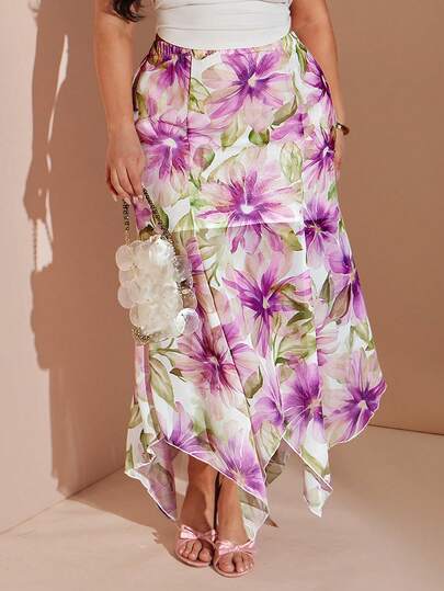 SHEIN BAE Plus Size Women Purple Floral Print Asymmetric Hem High Waist Skirt,Chiffon Long Skirt With Irregular Hem,Summer Outfit For Women