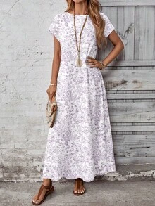 EMERY ROSE 休闲简约百搭图案女式连衣裙，春夏款 - 紫色 - 查看 5