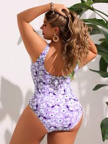 SHEIN Swim Curve 大码女式时尚印花连体无袖泳衣 大码泳衣 - 彩色 - 查看 2