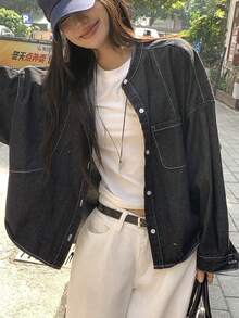 FRIFUL 女士落肩长袖单排扣休闲牛仔外套 - 黑色 - 查看 5