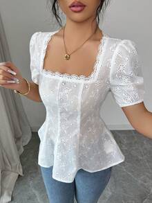 Modelyn 优雅刺绣花卉饰边女士衬衫 - 白色 - 查看 4