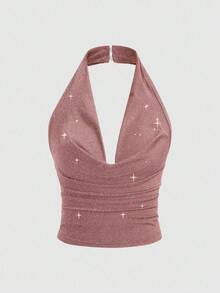 Sweetra Tall 女士时尚亮片吊带背心和九分裤两件套，经典百搭秋冬装 - 粉色 - 查看 3