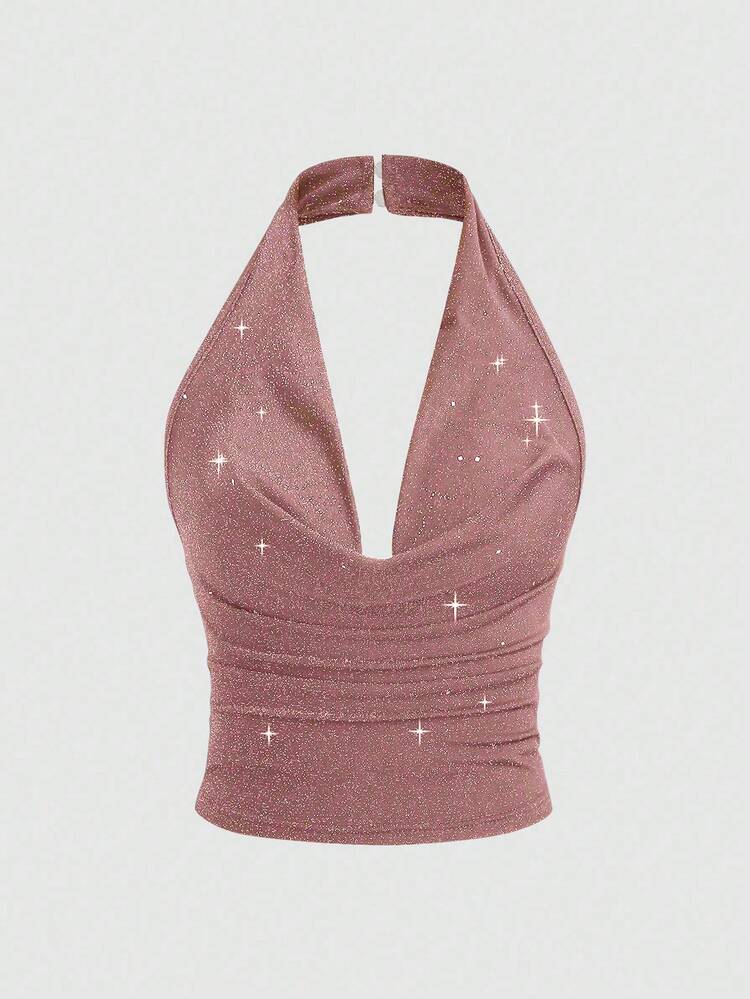 Sweetra Tall 2 pezzi Set di canotta con collo a canottiera con paillettes e pantaloni alla caviglia, moda donna, classico e versatile per autunno/inverno - Rosa - Visualizzare 3